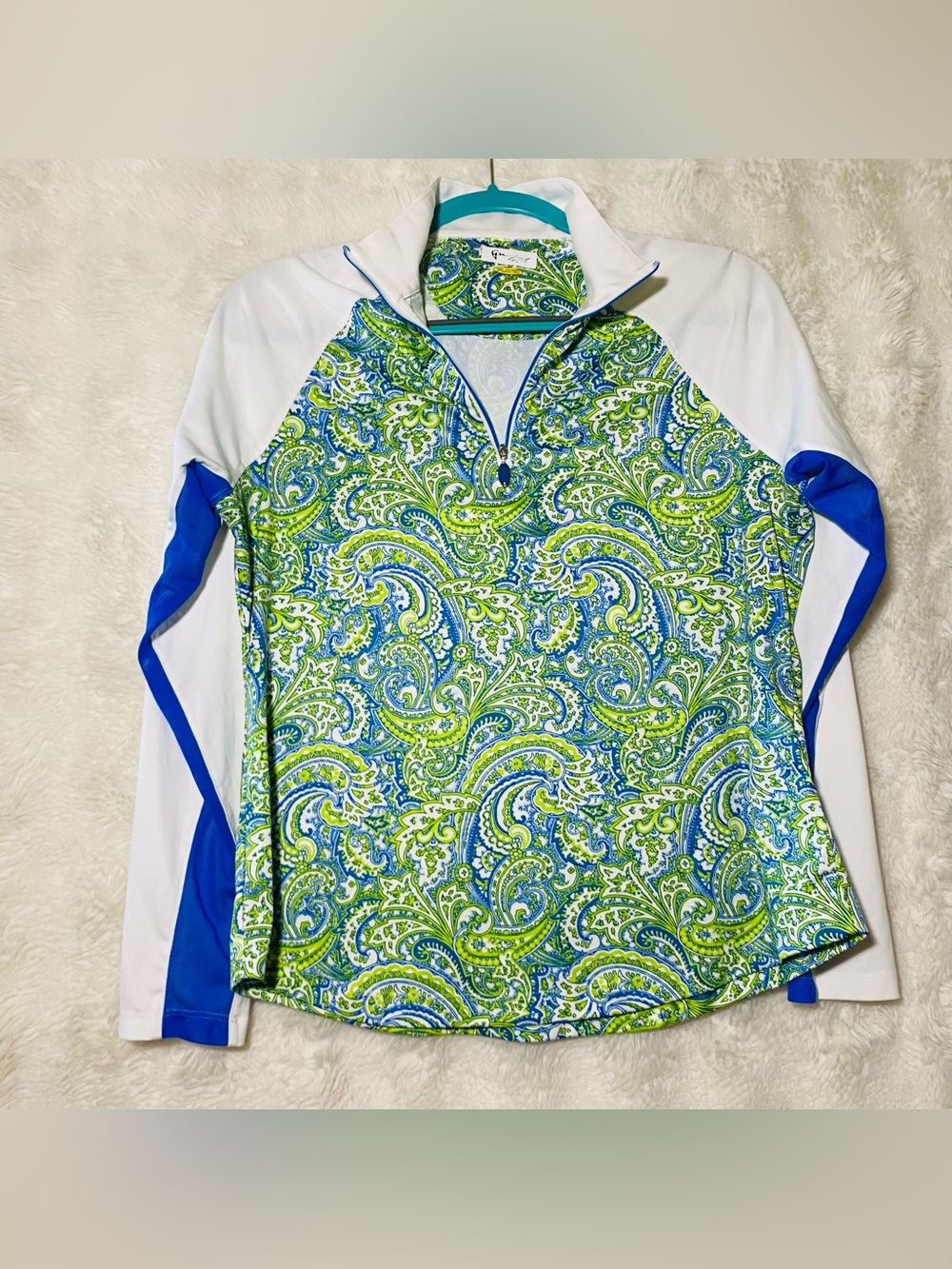 Greg Norman White Green Blue Paisley Active Zip-Front Top Skipper